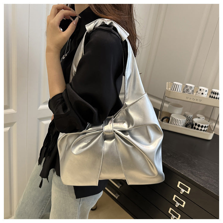 Korean Style Casual Underarm Women's Bag2025New Simple Bowknot Design Tote Bag Simple Handheld Shoulder Bag