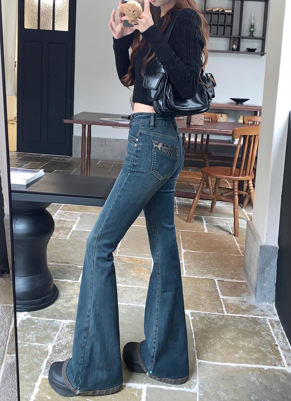 Washed Fleece-Lined Flared Jeans for Women, Autumn and Winter Vintage Slim High-Waisted Slimming Floor-Length Pants, Leg-Shaping
