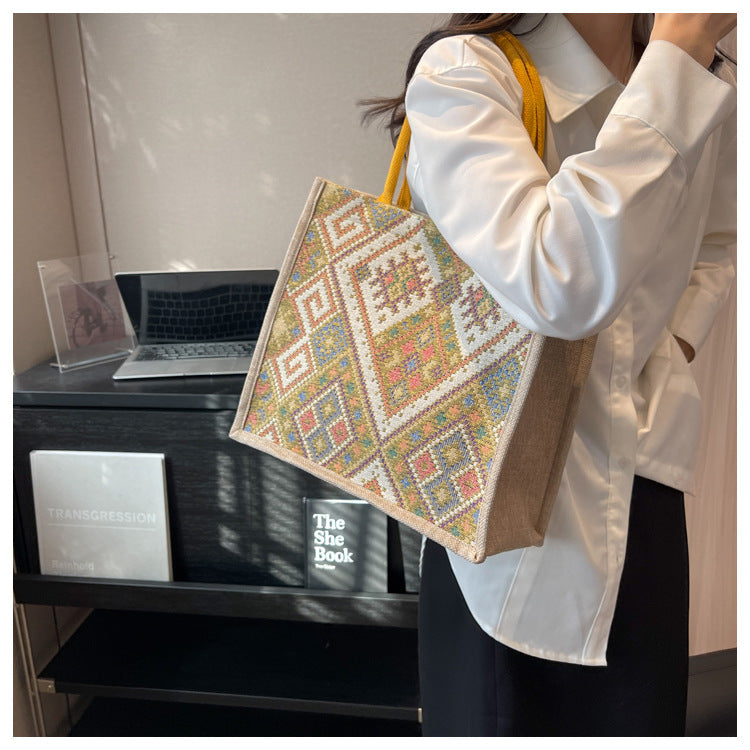 Large Capacity Commuter Bag Women2023New Fashion Single Shoulder Tote Bag Ethnic Style Student Handbag Class Bag Trendy