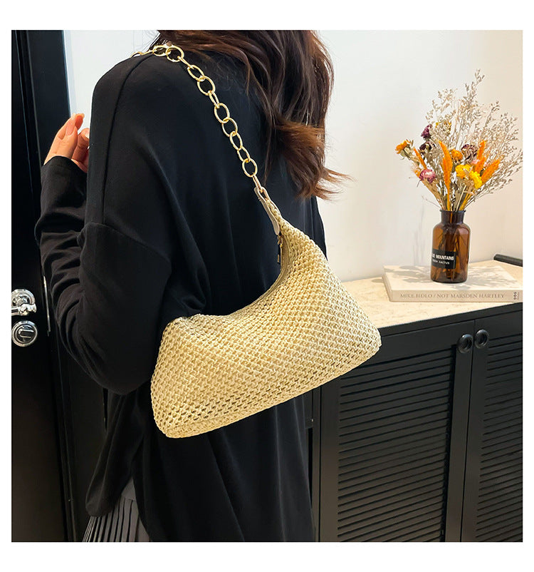 South Korea ins Vintage Woven Tote Bag Straw Bag Large Capacity Underarm Bag Shoulder Bag Vacation Style Beach Bag for Women