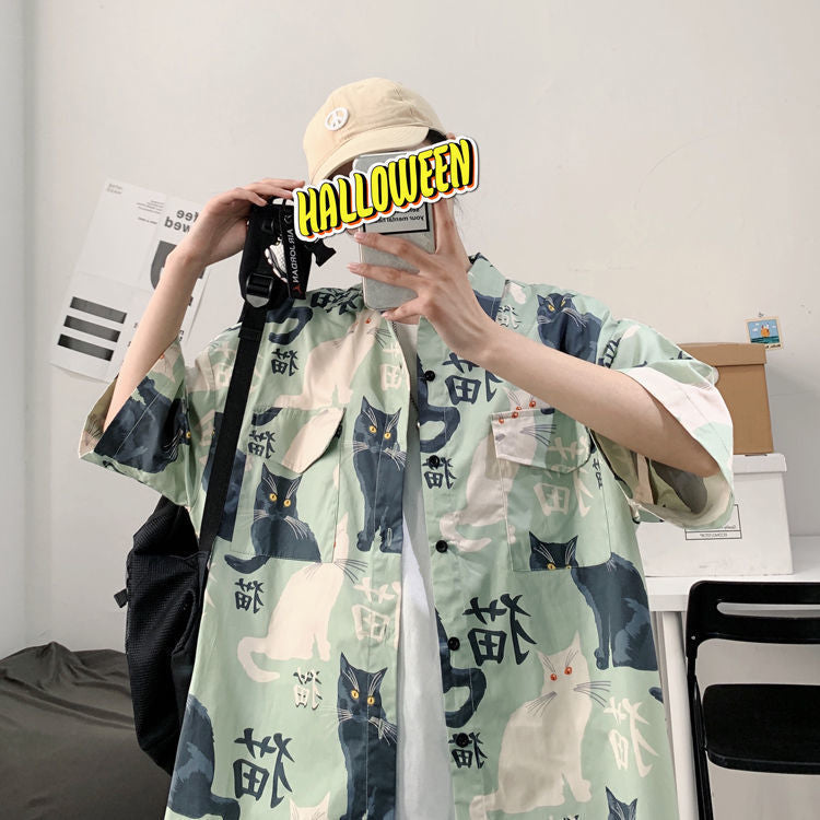 Summer Japanese Style Short Sleeve Shirt Men Half Sleeve Shirt Hong Kong Style Trendy Cat Print Student Loose Casual Shirt12