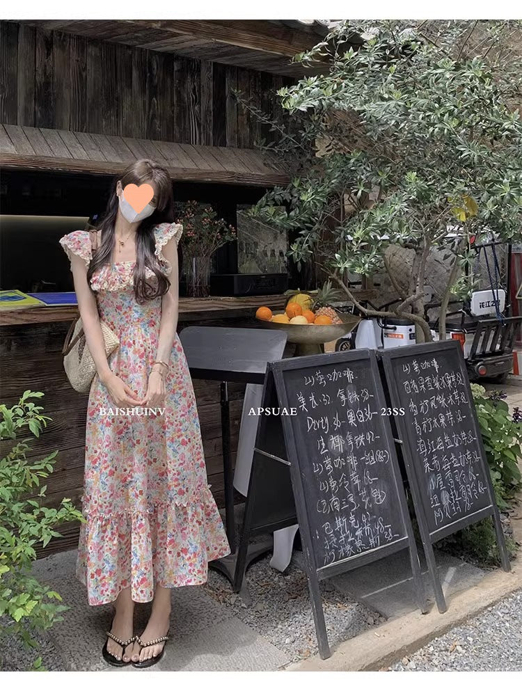 Floral Square Neck Slim Fit Women's Dress for Beach Vacation Casual Long Dress