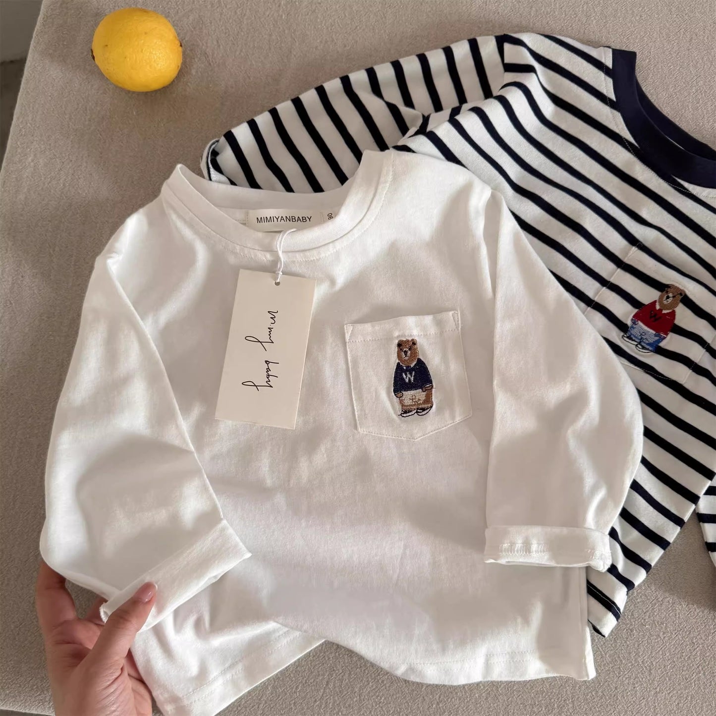 Sweet Little Chef Children's Long Sleeve T Autumn Boys' Japanese Style Bear Base Shirt Baby Toddler Striped Inner Layer Top