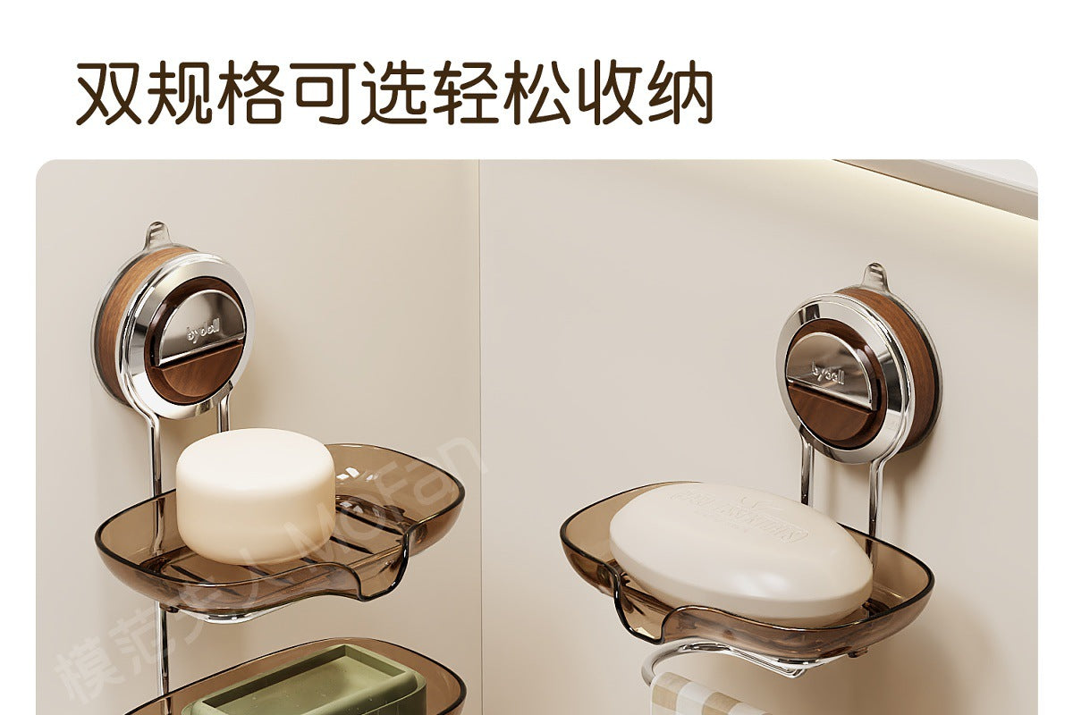 Walnut Wood Suction Cup Soap Holder Wall-Mounted Bathroom No-Drill Storage Rack Soap Box
