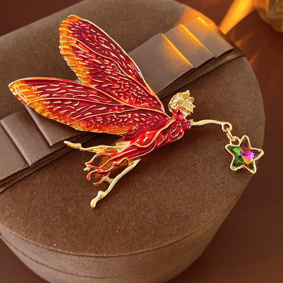 Medieval vintage Enamel Brooch with Inlaid Diamonds and Oil Drop Wings Fairy Pin Brooch High-end Fashion Accessory for Women