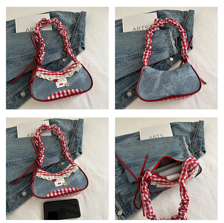 Super Popular Crossbody Bag for Women2025New Plaid Fabric Bag Wrinkled Color-Block Shoulder Bag Popular Commuter Small Square Bag