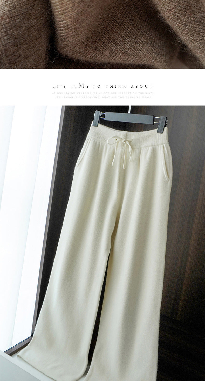 Autumn Winter Thickened Knitted Full Wool Wide-Leg Pants for Women Casual Cashmere High-Waist Draped Loose Straight-Leg Floor-Length Pants