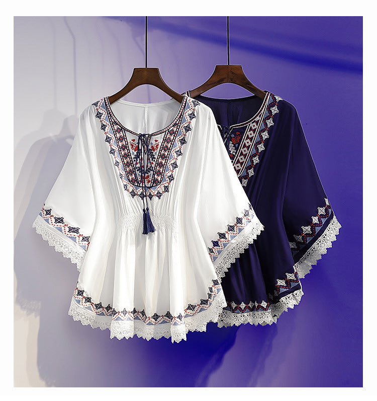 Summer Fashion Retro Slimming Top Women's Stylish Youthful Printed Five-Sleeve Round Neck Chiffon Blouse Women's Fashion