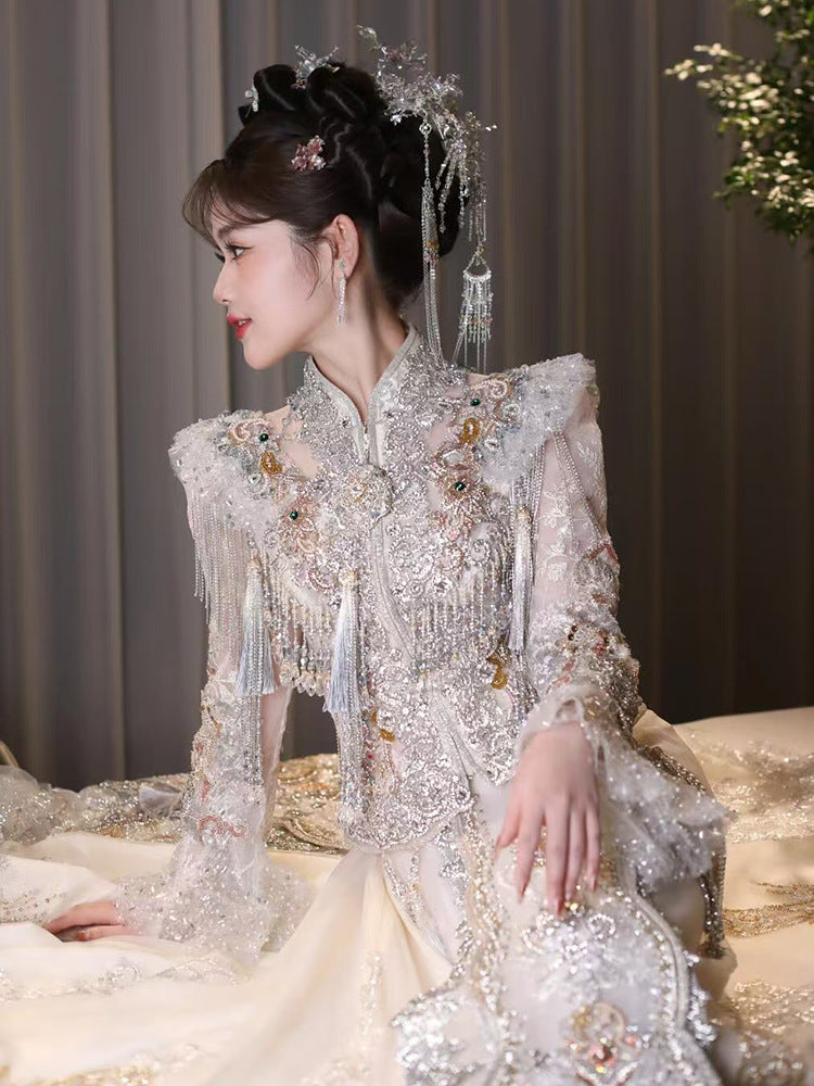 High-end silver Xiuhe Clothing New Model Rental Super Fairy2025Bridal Light Luxury Toast Dress Heavy Craft Dress Rental