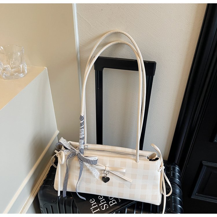 Dopamine Plaid Handbag Small Tote Bag for Women Summer2025New Ballet Style Bow Baguette Bag Underarm Bag Trendy