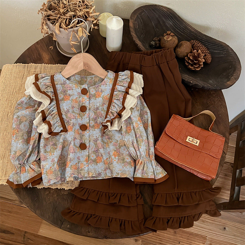 Sweet Little Girl Autumn Outfit Set New Fashionable Retro Autumn Children's Flared Pants Autumn Style Internet Celebrity Children's Clothing
