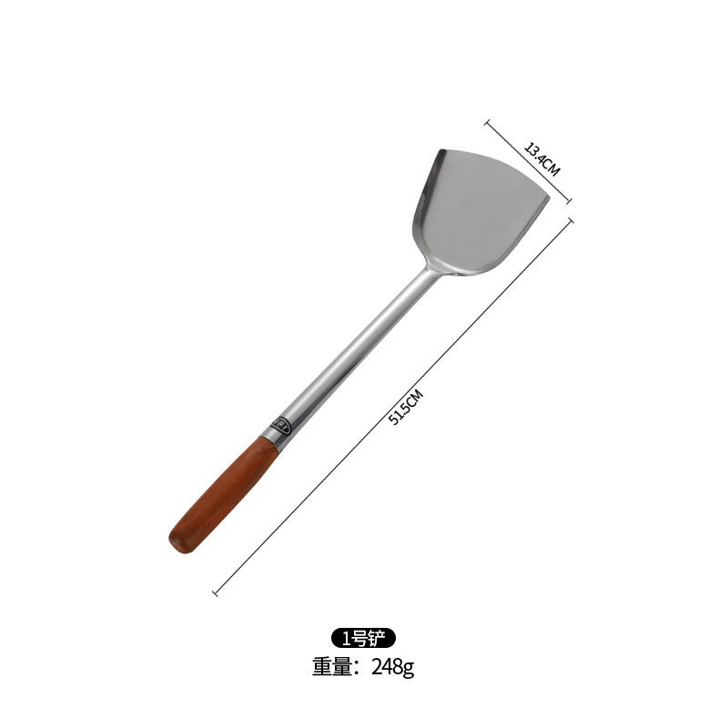 Stainless Steel Stir-Fry Spoon Chef's Stirring Spoon Long Handle Soup Spoon Serving Spoon Stir-Fry Spoon Kitchen Spatula Wooden Handle Pot Spatula Spoon