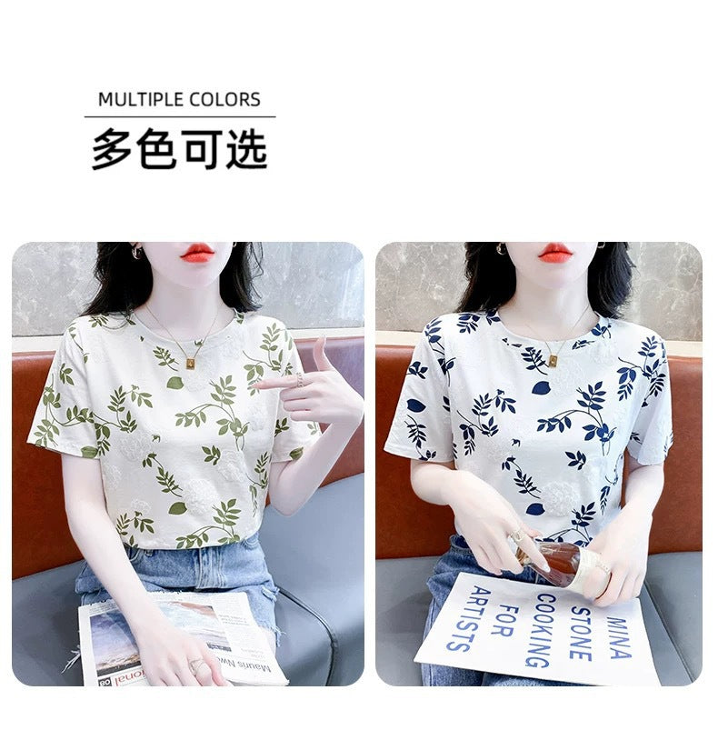 Cross-border new product milk silk round neck short-sleeved women's clothing T Floral Print Foam Base Shirt Loose Fit Women's Top