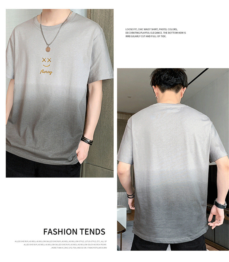 Leisure t Trendy Slim Fit T-Shirt Round Neck Gradient Print Short Sleeve Top T Men's Trendy Versatile Shirt ins Wind