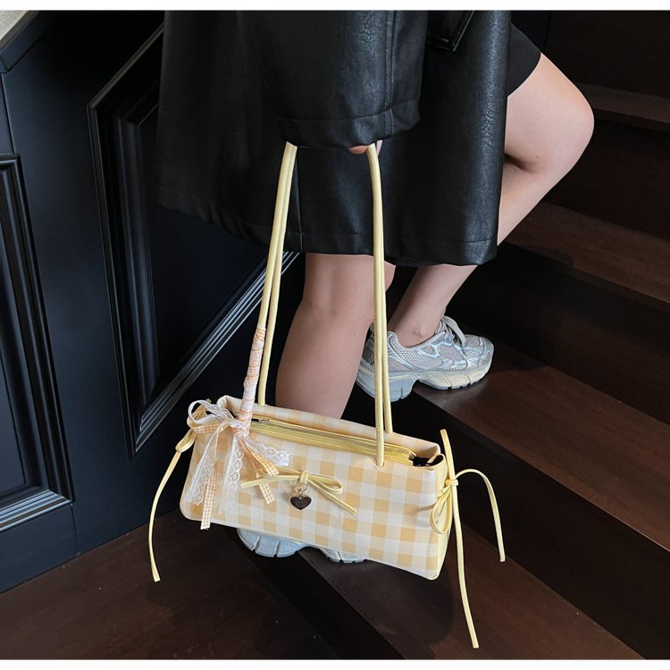 Dopamine Plaid Handbag Small Tote Bag for Women Summer2025New Ballet Style Bow Baguette Bag Underarm Bag Trendy