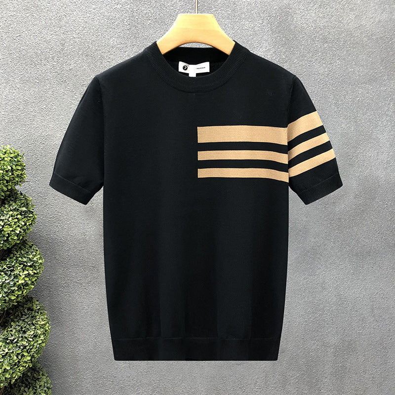 2025New Short Sleeve Knitted Shirt for Men, Striped, Simple, High-End Business, Mature, Slim Fit, Ice Silk T Men's Shirt
