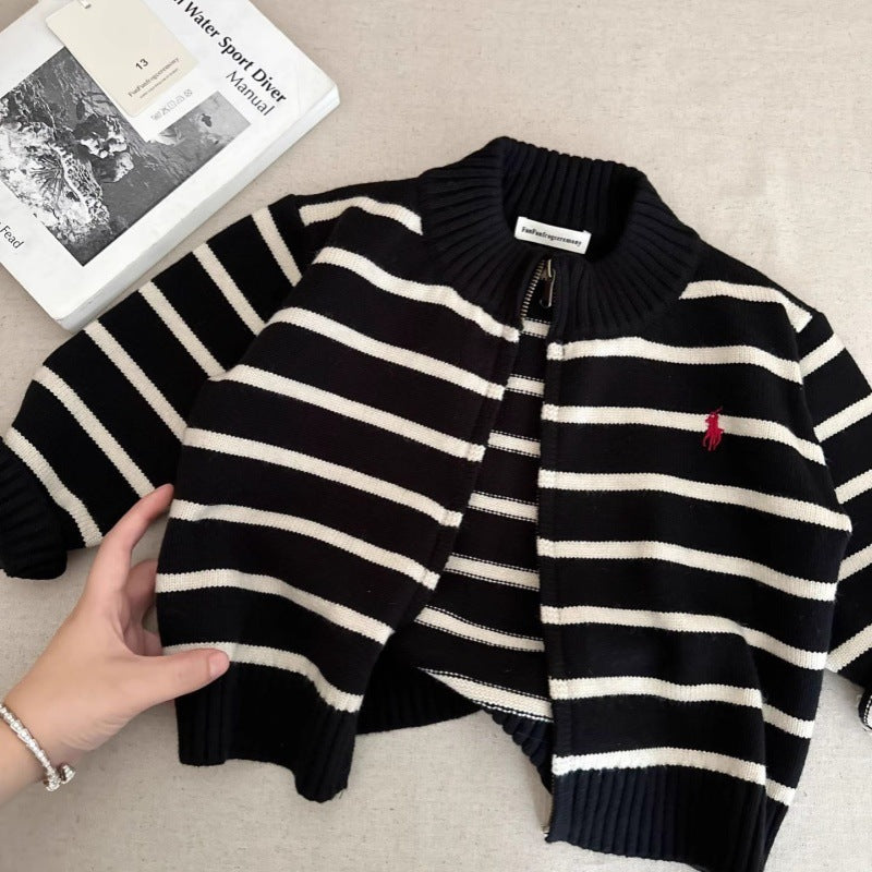 Children's Sweater2025Spring and Autumn Boys' Stand Collar Zipper Knitted Cardigan Baby Toddler Autumn Striped Jacket Children's Clothing