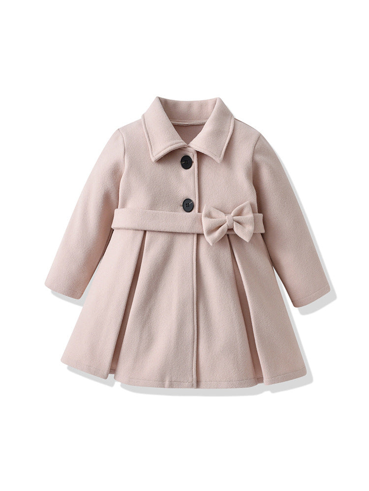 Cross-Border E-commerce Children's Coat Autumn Girls' Bow Thickened Korean Style Mid-Length Woolen Coat Manufacturer Wholesale