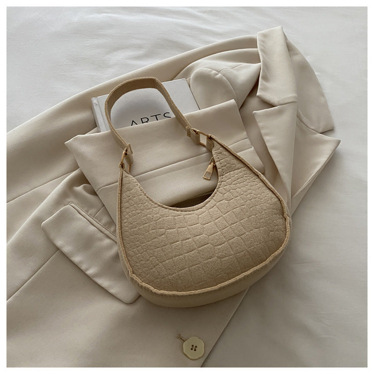 Solid Color Elegant Women's Bag2024Trendy Korean Style Autumn Winter New Stone Pattern Underarm Bag Casual Shoulder Handbag