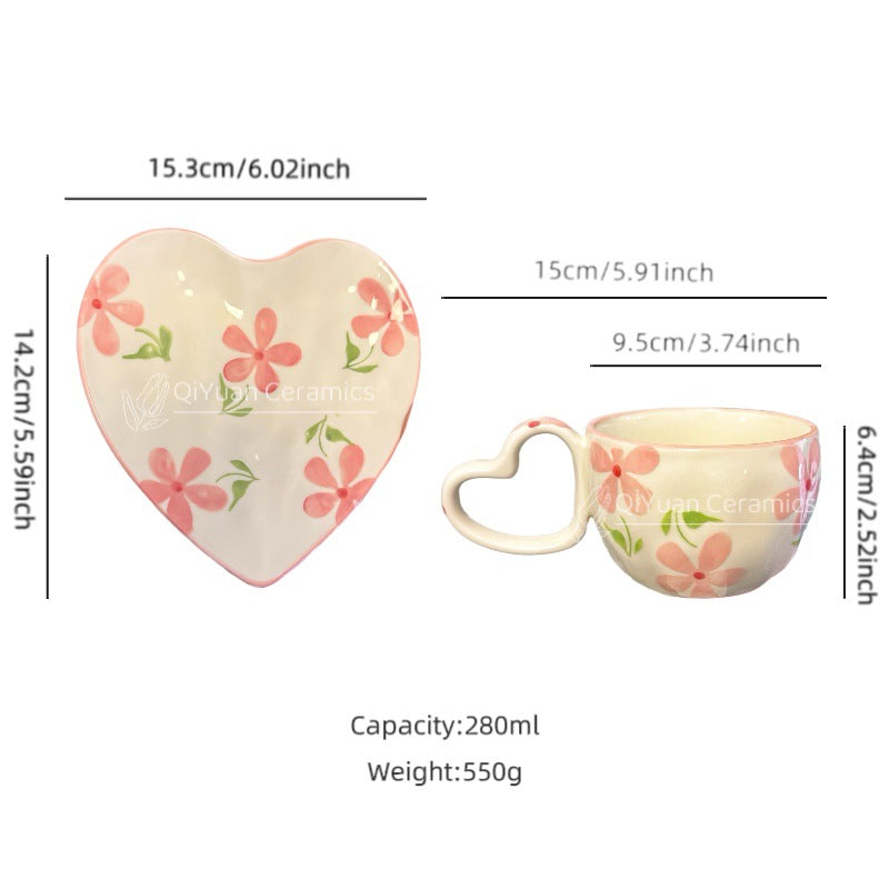 Korean Style ins Wind Hand-painted Heart Ceramic Cup and Saucer Hand Pinched Irregular Heart-Shaped Coffee Cup and Saucer Afternoon Tea Cup and Saucer