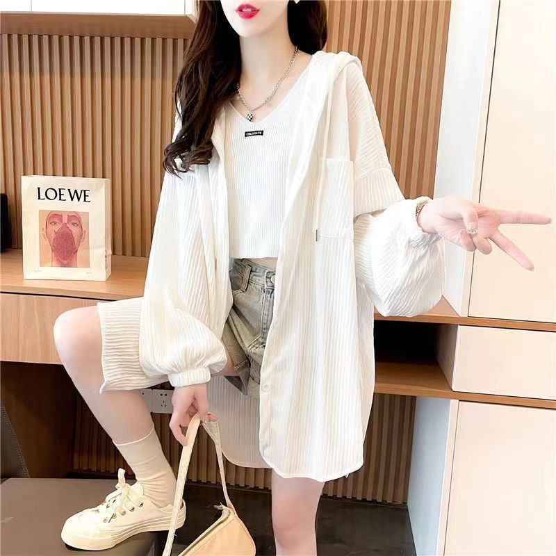 plus Size300White Long Sleeve Sun Protection Jacket for Women, Summer Versatile Mid-Length Loose Cardigan with Hood