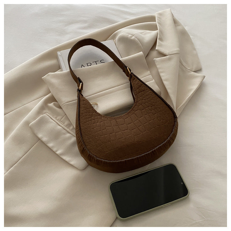 Solid Color Elegant Women's Bag2024Trendy Korean Style Autumn Winter New Stone Pattern Underarm Bag Casual Shoulder Handbag