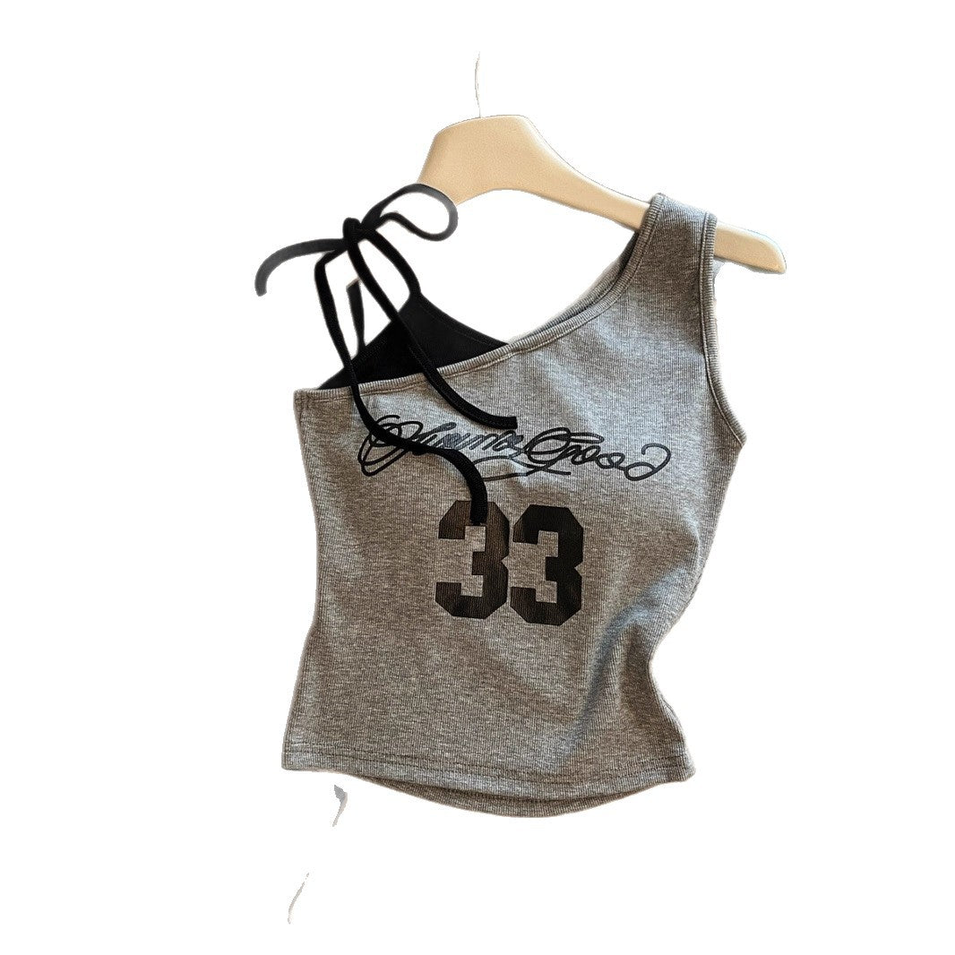American Style Color-Block Printed Short Sleeve Off-Shoulder Hot Girl t Women's Summer Shirt with Built-in Chest Pads, Waist-Cinching, Slimming Short Top