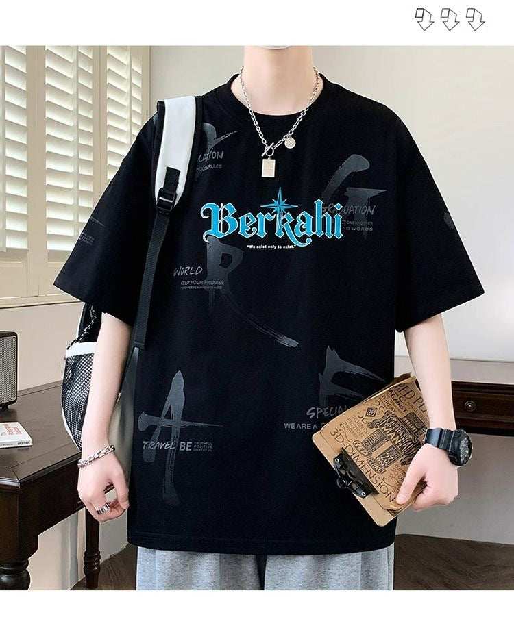 2025Summer New Men's Youth Casual Stylish Trendy Loose Short Sleeve T Shirt Gradient Color for Middle and High School Students