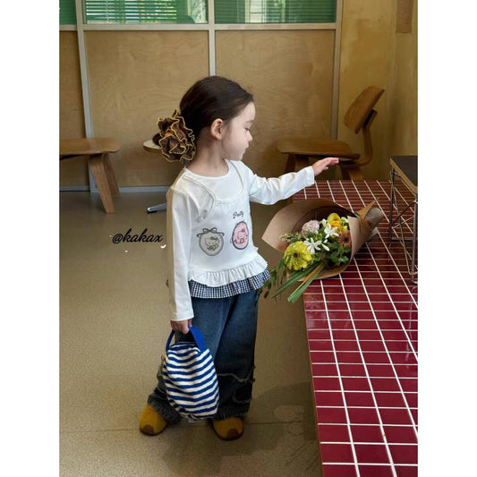 Sweet Little Girl Autumn Long Sleeve Outfit T New Korean Style Fashionable Baby Girl Fake Two-Piece Lace Base Shirt Top