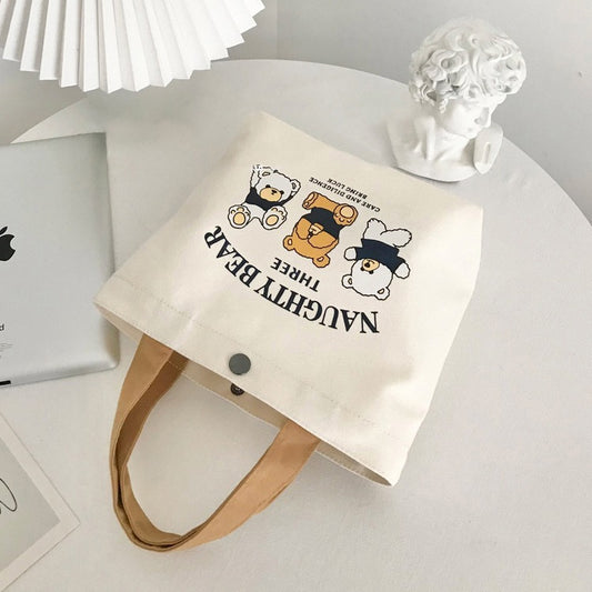 New Bear Canvas Bag for Female Students, Portable Small Handheld Lunch Bag, Tote Bag, Canvas Pouch, Gift Bag