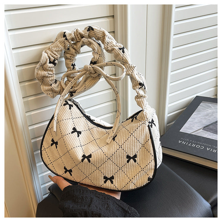Sweet Bow Plaid Single Shoulder Underarm Crescent Bag2024Autumn new simple casual large capacity handbag