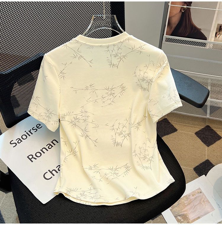 New Chinese Style National Style Button Short Sleeve t Women's Summer T-shirt2024New Women's Loose Slimming Plus Size Round Neck Top