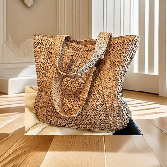 Cross-Border Hot-Selling Women's Bag Simple Large Capacity Lightweight Woven Bucket Beach Bag Trendy Straw New Handheld Shoulder Bag