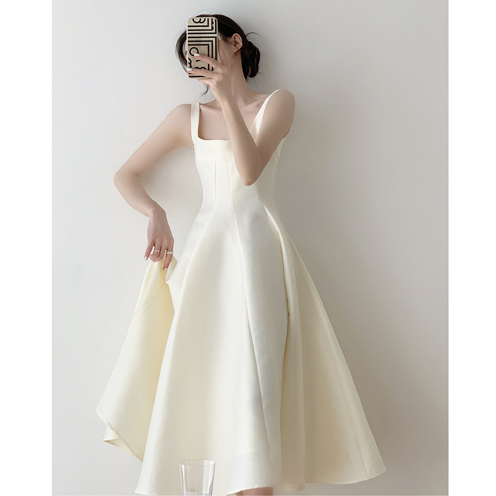 French Style Light Wedding Dress Solid Color Satin Simple Petite Host Adult Ceremony Party Banquet Evening Dress Suitable for Daily Wear