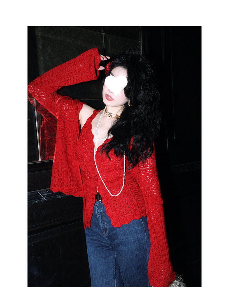 French Style Three-Dimensional Slight Flare V Women's Fashion Collar Suit2025Autumn New Camisole Jacquard Cardigan Two-Piece Set