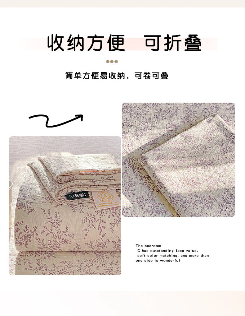 a Double-layer Gauze Bed Sheet Single Piece Fresh Style A Summer-style Naked Sleep Pillowcase Single Double Student Dormitory Three-piece Set