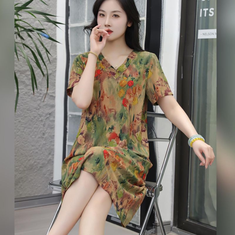 2025Summer New Style High-end Elegant Short Sleeve Dress Plus Size Fashionable Middle-aged Women Slimming Thin Dress