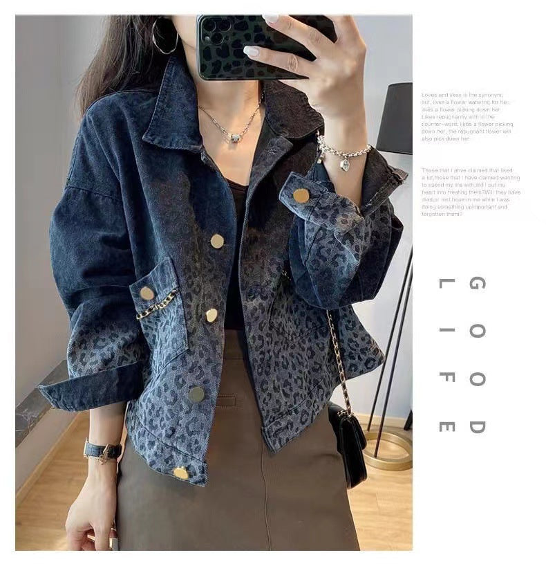 Black Vintage Leopard Print Denim Jacket for Women Fashion Short Coat Autumn Women's Clothing2022New Arrival Jacket