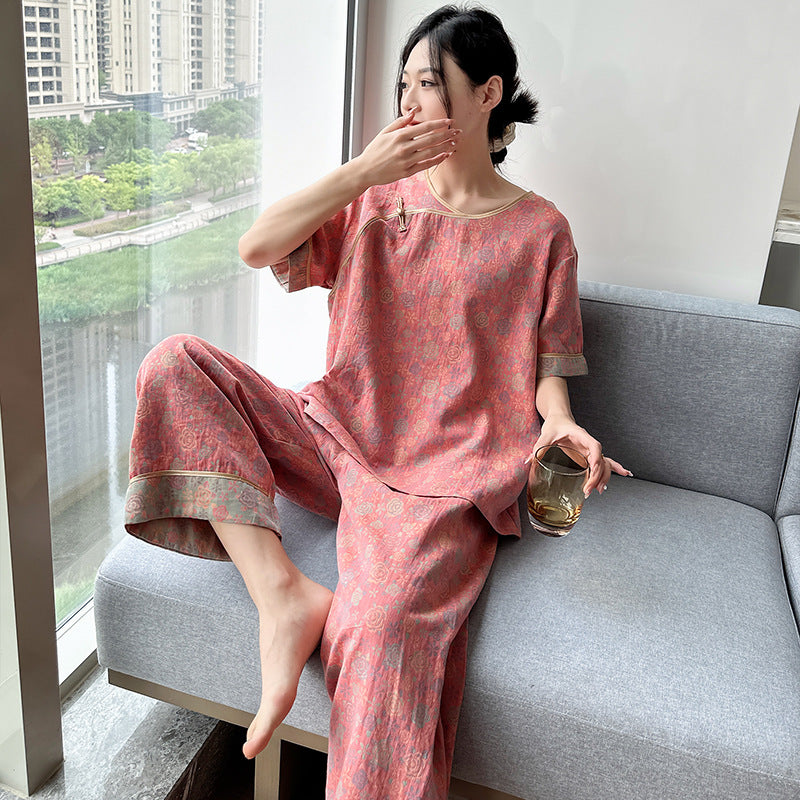 New Chinese Style Retro National Style Cotton Gauze Pajamas Plus Size for Women mm Summer Thin Loose Fit200Pure Cotton Homewear
