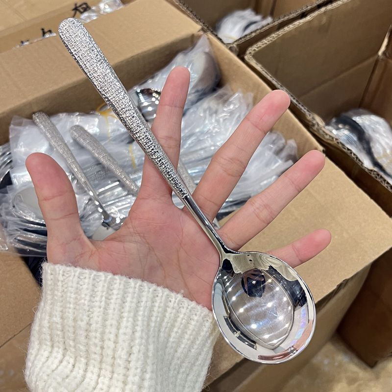 Korean Style Ice Pattern Spoon Soup Spoon Stainless Steel Hammered Long Handle Spoon Dining Western Soup Spoon Student Spoon Adult Rice Spoon