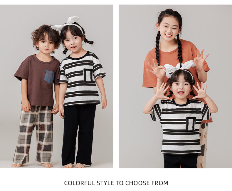 Parent-Child Cotton Homewear Summer Style Children's Short Sleeve Long Pants Set Cartoon Air Conditioning Clothing Sweat-Absorbing Printed Pajamas Couple Outfit