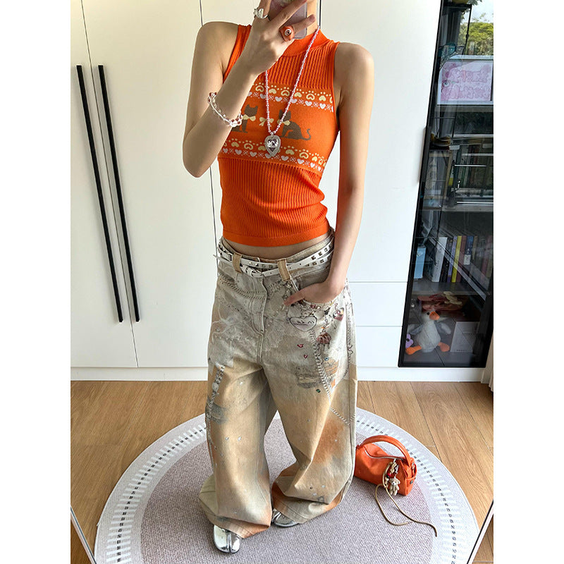 Colorful Inkjet Heavy Pattern Printed Jeans for Women, Unique Design, Loose Straight Wide-Leg Floor-Length Pants
