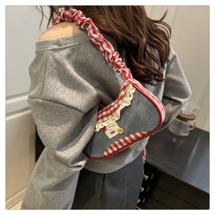 Super Popular Crossbody Bag for Women2025New Plaid Fabric Bag Wrinkled Color-Block Shoulder Bag Popular Commuter Small Square Bag