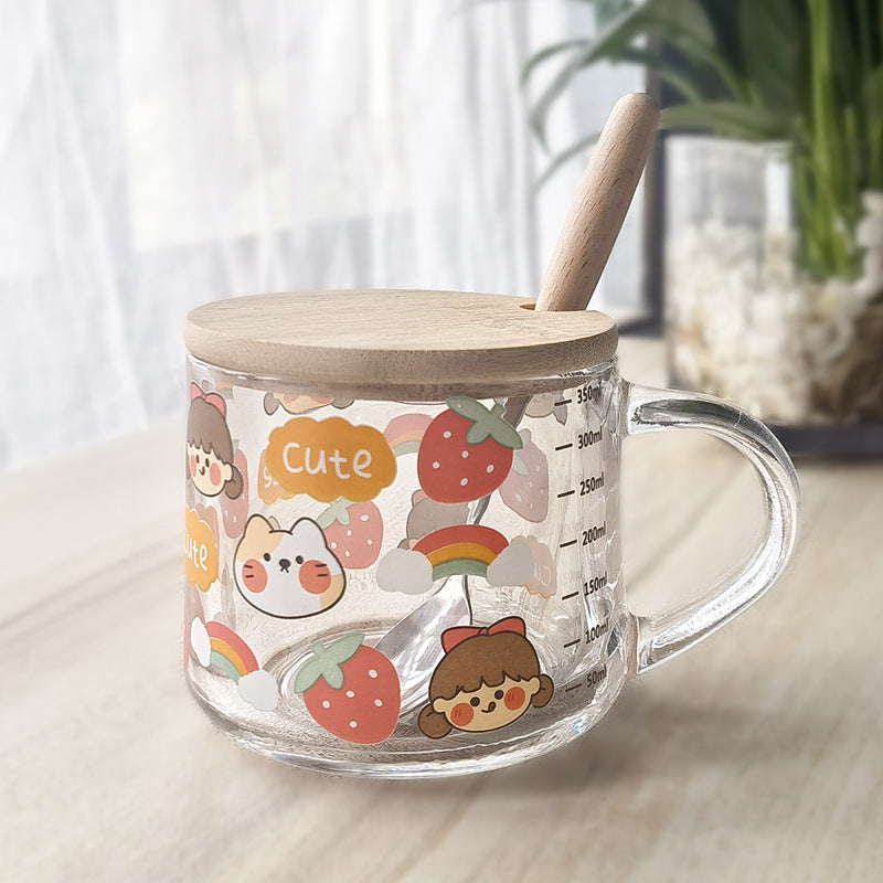 ins Glass Cup with Straw Milk Breakfast Cup Cute Cartoon Graduated Cup with Lid Spoon Gift Customization logo