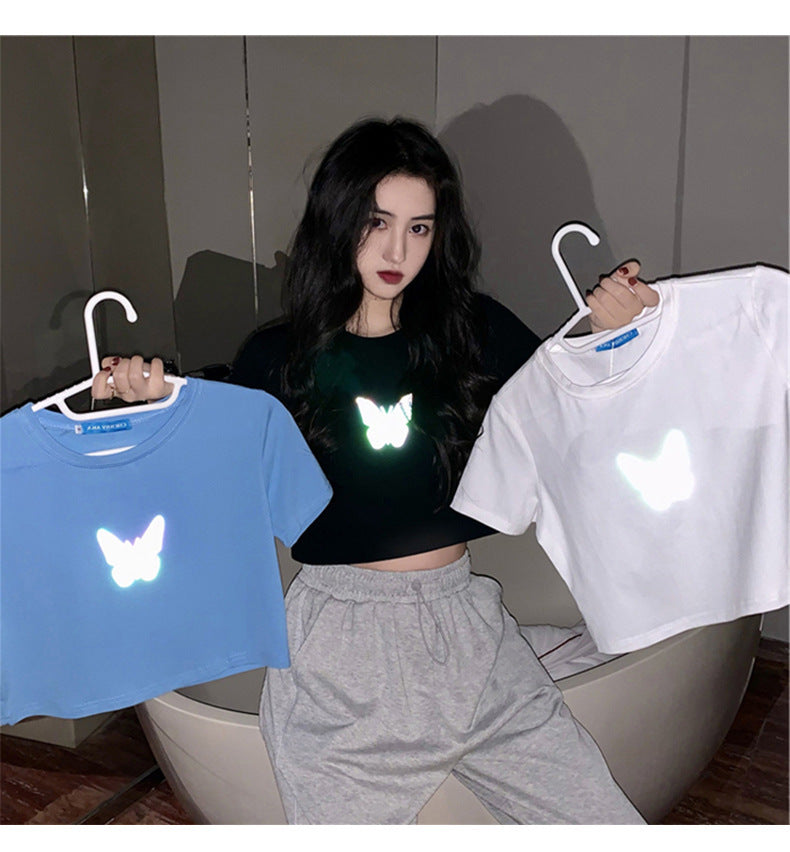 Summer2025New Year's Trendy Internet Celebrity Couple Outfit Reflective Butterfly Short Sleeve t Women's Summer T-shirt ins Super Popular Short Top