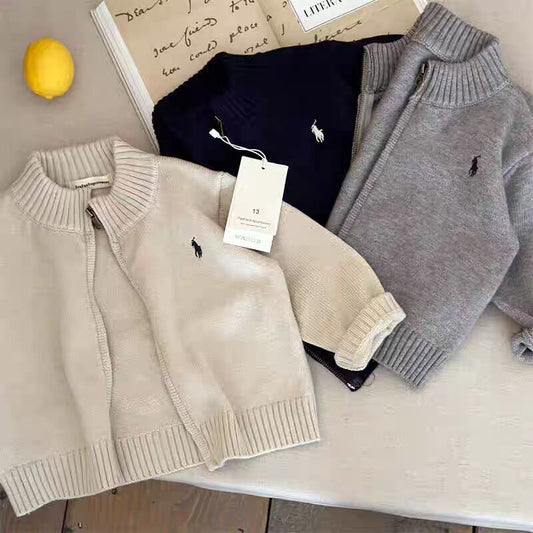 Children's Sweater2025Spring and Autumn Boys' Stand Collar Zipper Knitted Cardigan Baby Toddler Autumn Striped Jacket Children's Clothing