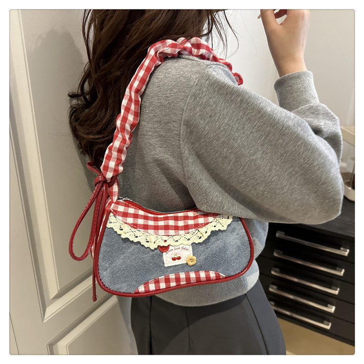Super Popular Crossbody Bag for Women2025New Plaid Fabric Bag Wrinkled Color-Block Shoulder Bag Popular Commuter Small Square Bag