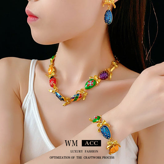 Medieval vintage Water Drop Flower Bow Necklace Palace Style Diamond Inlaid Oil Drop Collarbone Chain High-end Jewelry