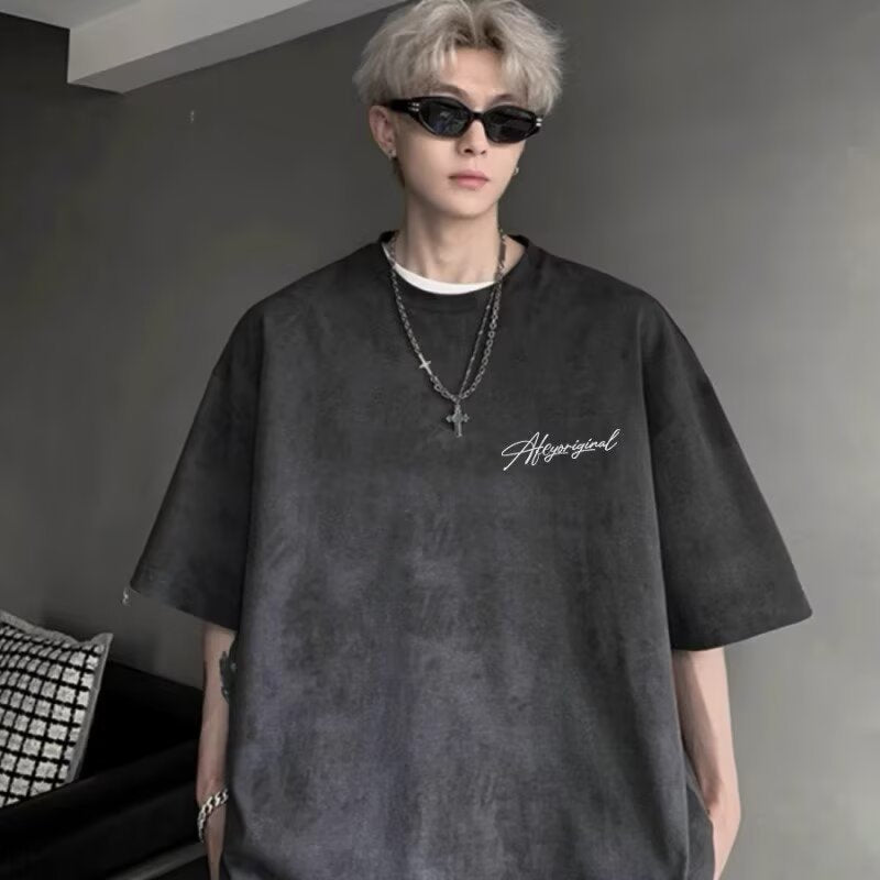 Hip Hop High Street Short Sleeve T T-shirt2025Summer Men oversize Loose Letter Print Trendy Brand Casual Sweatshirt