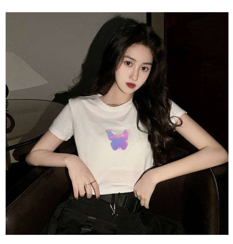 Summer2025New Year's Trendy Internet Celebrity Couple Outfit Reflective Butterfly Short Sleeve t Women's Summer T-shirt ins Super Popular Short Top